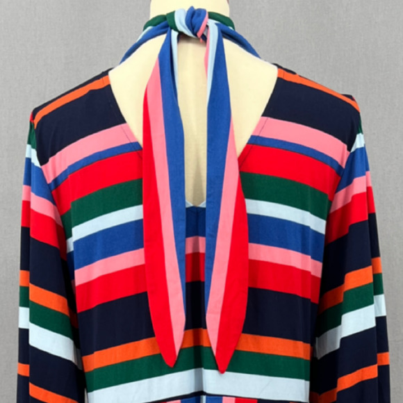 Elouqii Dress Womens 14 Multicolor Striped Keyhole Long Puff Sleeves A Line Midi - Picture 11 of 15